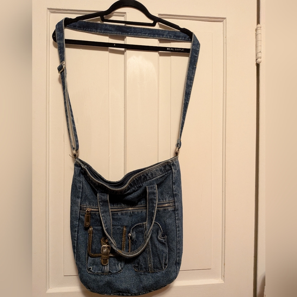Denim Shoulder Bag with Front Pockets